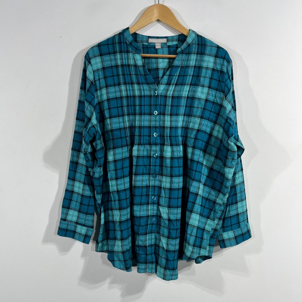 Woman Within Western Granola Teal Plaid Cotton Flannel Tunic Shirt 18 20 Large